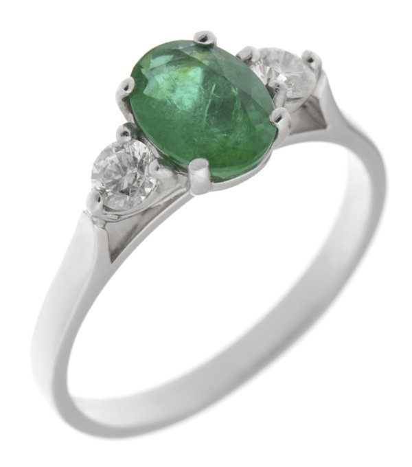 modern classic trilogy ring Oval green emerald shape round brilliant cut diamond platinum gold four three claw set