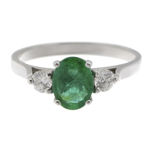 modern classic trilogy ring Oval green emerald shape round brilliant cut diamond platinum gold four three claw set