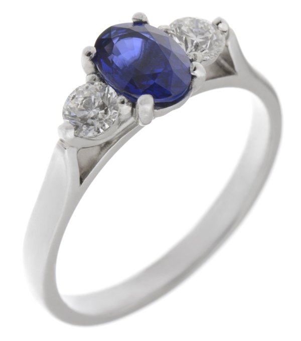 modern classic trilogy ring Oval blue sapphire shape round brilliant cut diamond platinum gold four three claw set