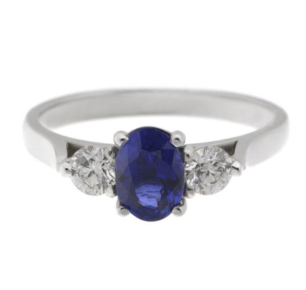 modern classic trilogy ring Oval blue sapphire shape round brilliant cut diamond platinum gold four three claw set
