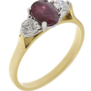 modern classic trilogy ring Oval Ruby shape round brilliant cut diamond platinum gold four three claw set