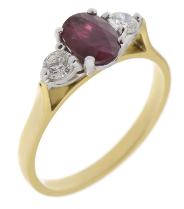 modern classic trilogy ring Oval Ruby shape round brilliant cut diamond platinum gold four three claw set