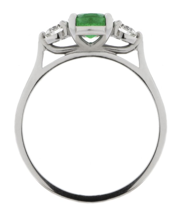 modern classic trilogy ring Oval green emerald shape round brilliant cut diamond platinum gold four three claw set