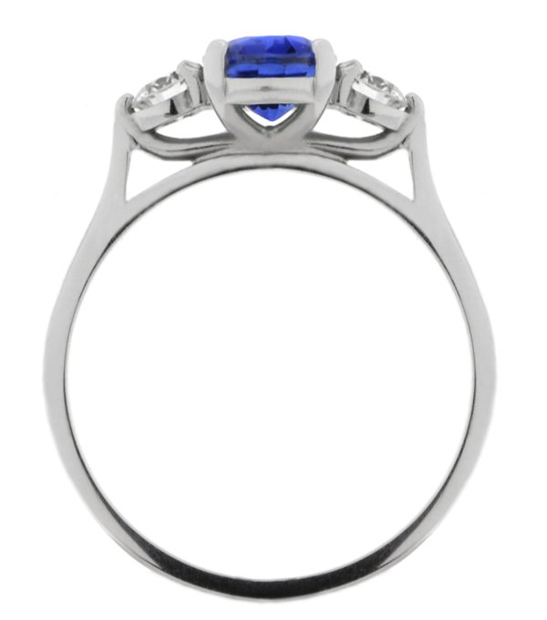 modern classic trilogy ring Oval blue sapphire shape round brilliant cut diamond platinum gold four three claw set