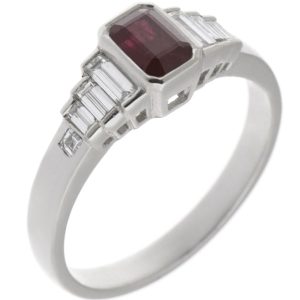 Art deco style rubover set emerald octagon step cut Ruby baguette diamond designer engagement cluster ring platinum gold