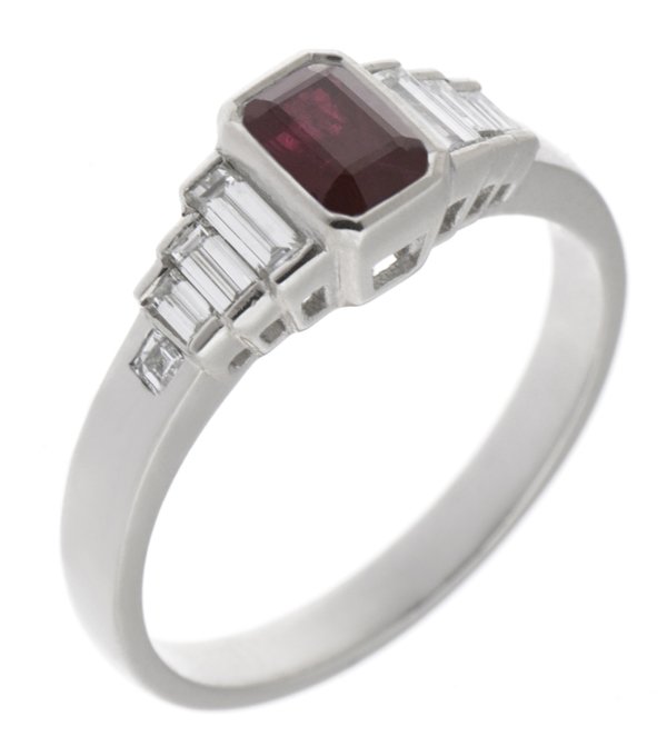 Art deco style rubover set emerald octagon step cut Ruby baguette diamond designer engagement cluster ring platinum gold