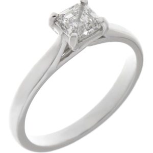 modified emerald cut Asscher diamond classic solitaire engagement ring kiss style crossover setting modern contemporary platinum gold 4 claw