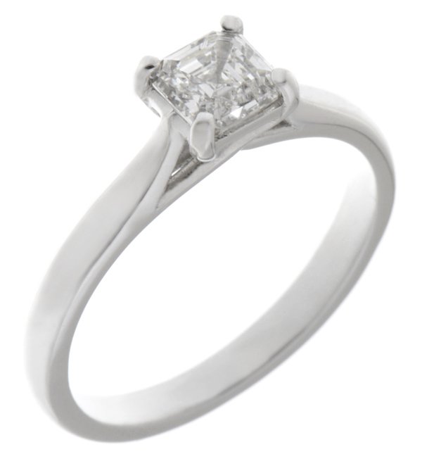 modified emerald cut Asscher diamond classic solitaire engagement ring kiss style crossover setting modern contemporary platinum gold 4 claw