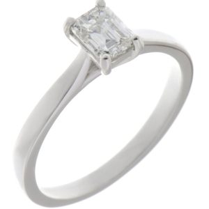 Emerald step cut diamond classic solitaire engagement ring kiss style crossover setting modern contemporary platinum gold 4 claw