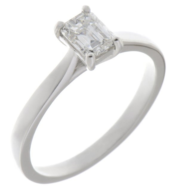 Emerald step cut diamond classic solitaire engagement ring kiss style crossover setting modern contemporary platinum gold 4 claw