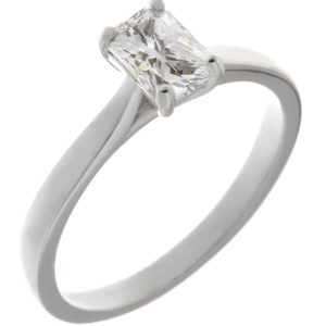 Radiant cut diamond classic solitaire engagement ring kiss style crossover setting modern contemporary platinum gold 4 claw