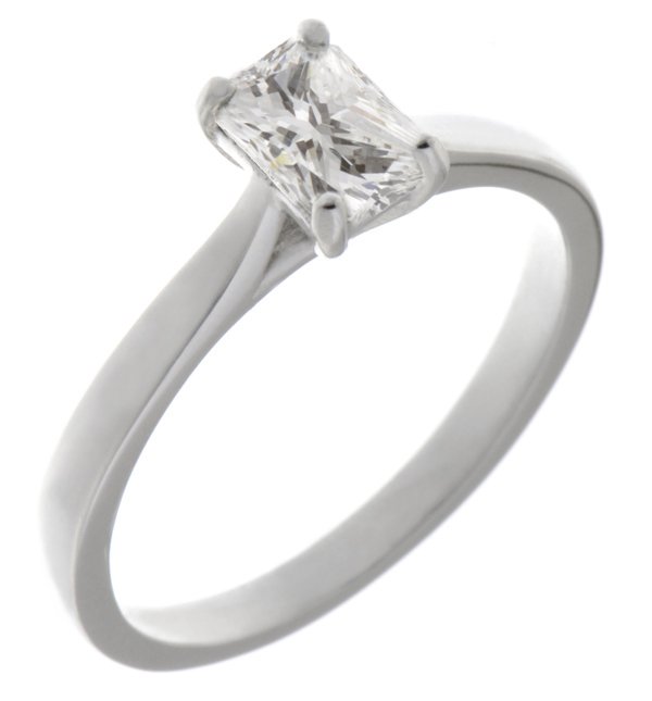 Radiant cut diamond classic solitaire engagement ring kiss style crossover setting modern contemporary platinum gold 4 claw