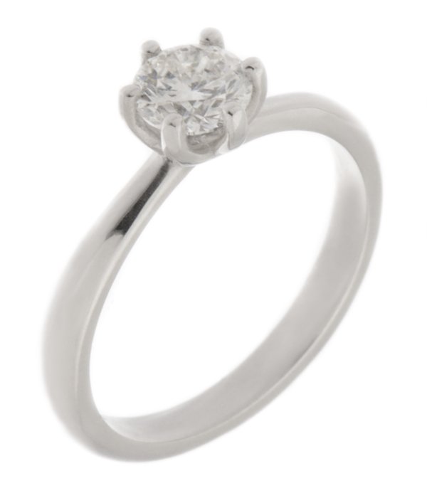Six 6 claw twist style solitaire round brilliant cut lab grown Diamond engagement ring modern classic setting Platinum yellow gold