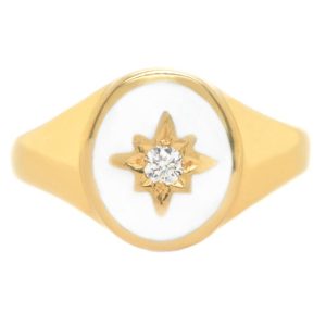 Art deco style oval signet ring white enamel star set round brilliant cut diamond centre 12x10mm.gold