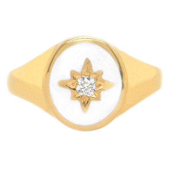 Art deco style oval signet ring white enamel star set round brilliant cut diamond centre 12x10mm.gold
