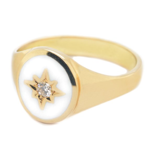 Art deco style oval signet ring white enamel star set round brilliant cut diamond centre 12x10mm.gold