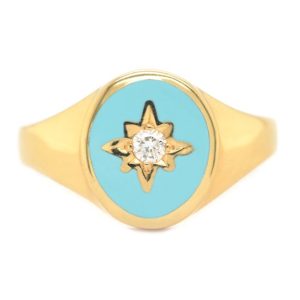 Art deco style oval signet ring turquoise enamel star set round brilliant cut diamond centre 12x10mm.gold