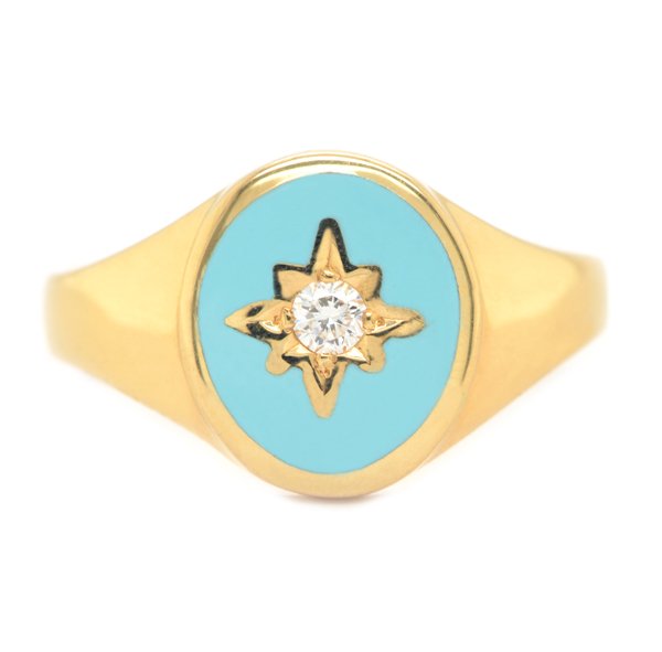 Art deco style oval signet ring turquoise enamel star set round brilliant cut diamond centre 12x10mm.gold