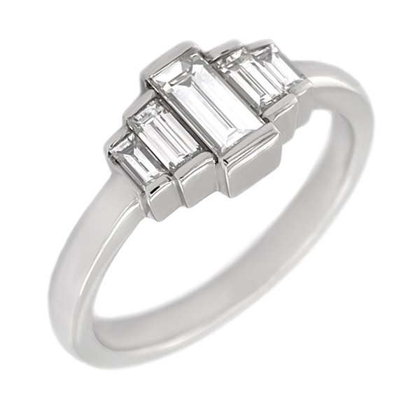 Art deco style five stone cluster ring baguette cut bar set diamond designer cluster platinum gold