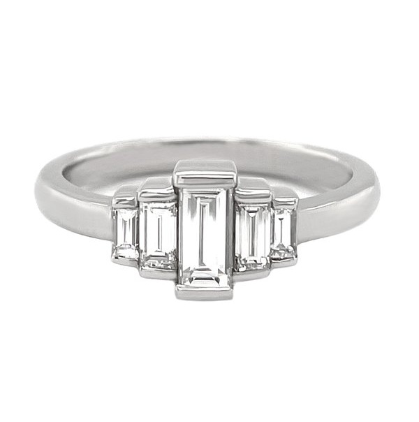 Art deco style five stone cluster ring baguette cut bar set diamond designer cluster platinum gold