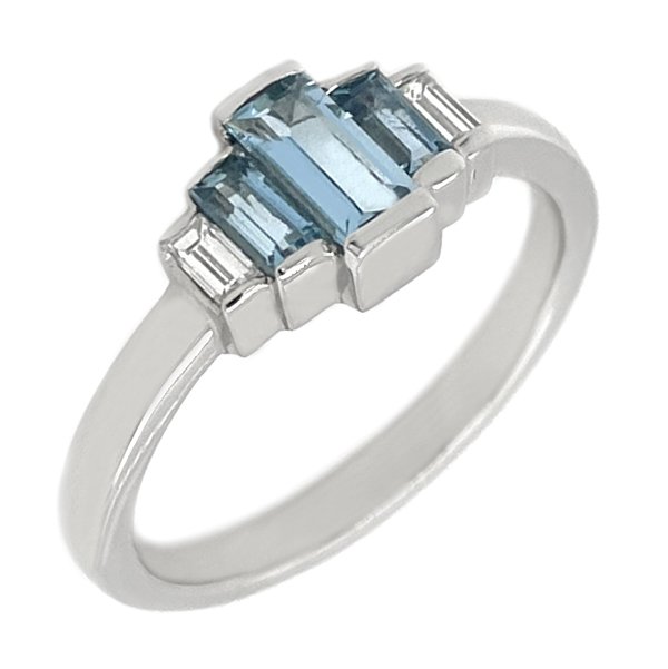 Art deco style five stone cluster ring baguette cut aqua aquamarine bar set diamond designer cluster platinum gold