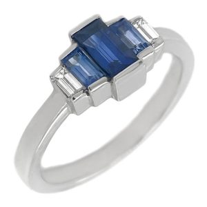 Art deco style five stone cluster ring baguette cut blue sapphire bar set diamond designer cluster platinum gold