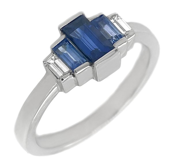 Art deco style five stone cluster ring baguette cut blue sapphire bar set diamond designer cluster platinum gold