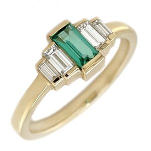 Art deco style five stone cluster ring baguette cut green Emerald bar set diamond designer cluster platinum gold