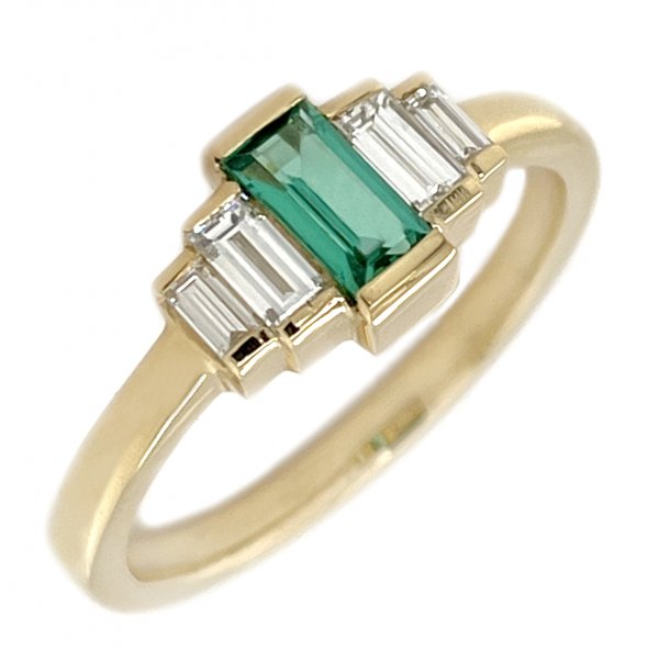 Art deco style five stone cluster ring baguette cut green Emerald bar set diamond designer cluster platinum gold