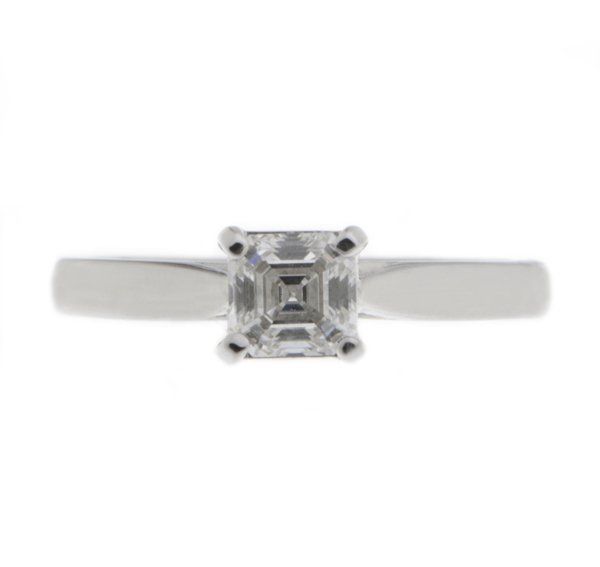 modified emerald cut Asscher diamond classic solitaire engagement ring kiss style crossover setting modern contemporary platinum gold 4 claw