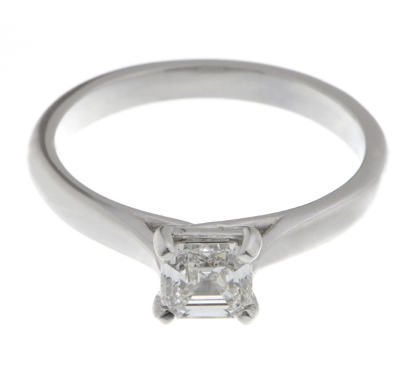 modified emerald cut Asscher diamond classic solitaire engagement ring kiss style crossover setting modern contemporary platinum gold 4 claw