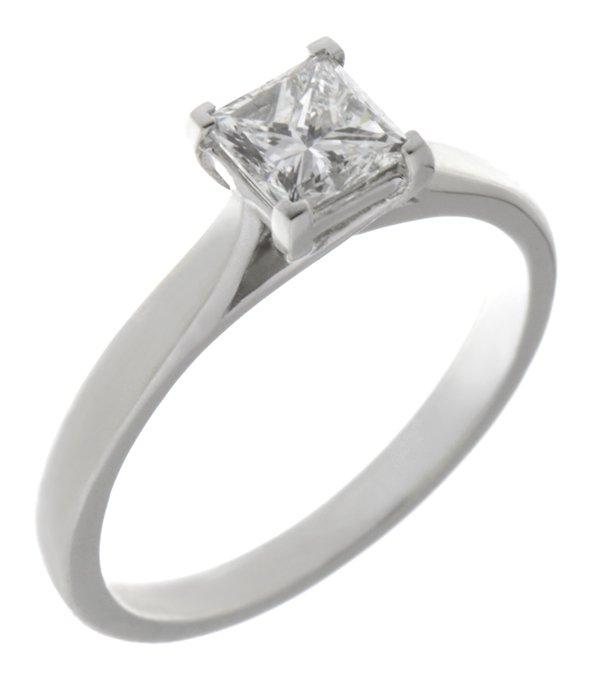 Princess square cut diamond classic solitaire engagement ring kiss style crossover setting modern contemporary platinum gold 4 claw