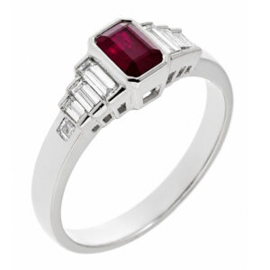 deco style rubover emerald octagon step cut Ruby baguette diamond designer engagement cluster ring platinum gold