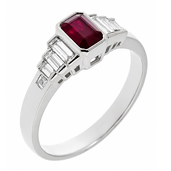 deco style rubover emerald octagon step cut Ruby baguette diamond designer engagement cluster ring platinum gold