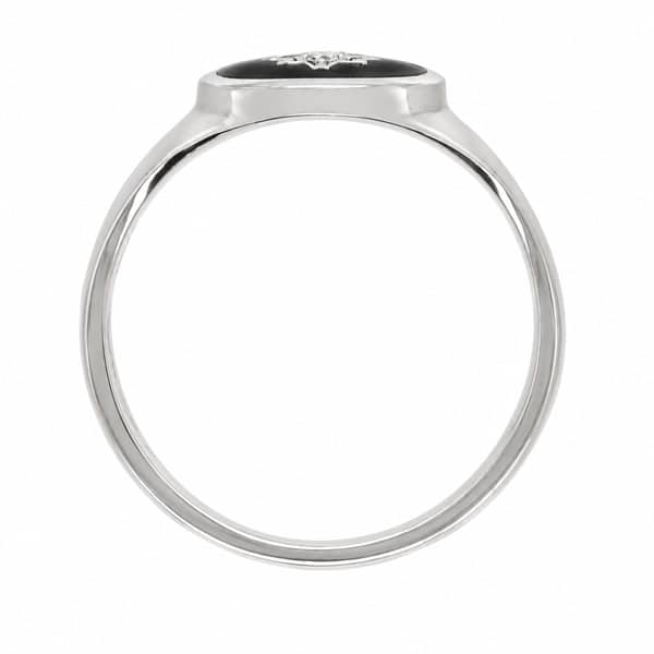 Art deco style oval signet ring black hard enamel star set round brilliant cut diamond centre 12x10mm gold