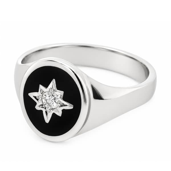 Art deco style oval signet ring black hard enamel star set round brilliant cut diamond centre 12x10mm gold