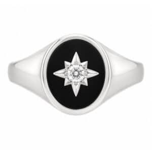 Art deco style oval signet ring black hard enamel star set round brilliant cut diamond centre 12x10mm gold