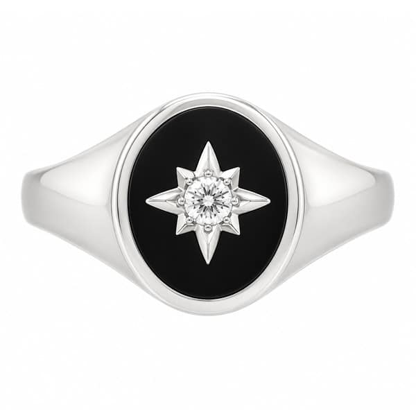 Art deco style oval signet ring black hard enamel star set round brilliant cut diamond centre 12x10mm gold