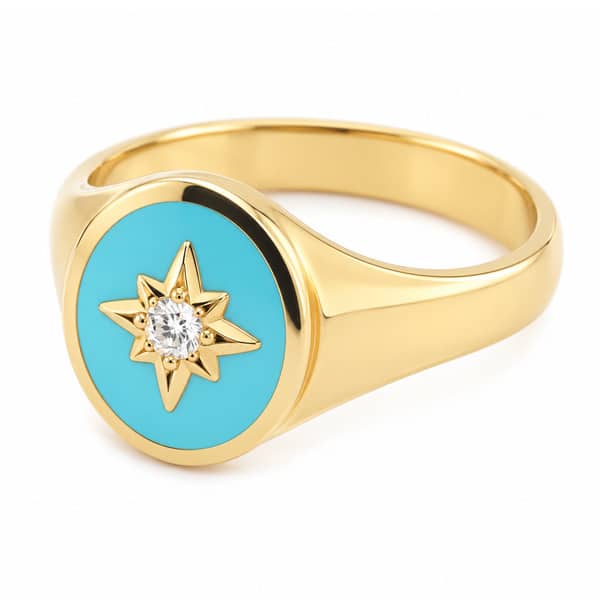 Art deco style oval signet ring turquoise enamel star set round brilliant cut diamond centre 12x10mm.gold