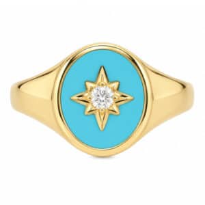 Art deco style oval signet ring turquoise enamel star set round brilliant cut diamond centre 12x10mm.gold
