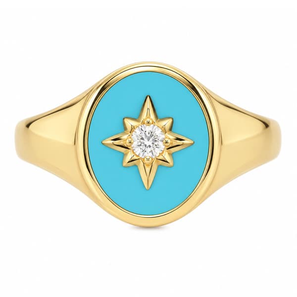 Art deco style oval signet ring turquoise enamel star set round brilliant cut diamond centre 12x10mm.gold