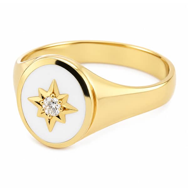 Art deco style oval signet ring white enamel star set round brilliant cut diamond centre 12x10mm.gold
