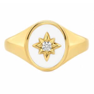 Art deco style oval signet ring white enamel star set round brilliant cut diamond centre 12x10mm.gold