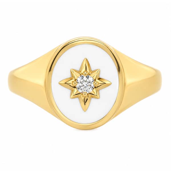 Art deco style oval signet ring white enamel star set round brilliant cut diamond centre 12x10mm.gold