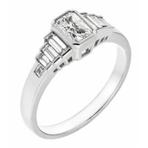 Art deco 1920's style rubover set radiant step cut baguette diamond designer engagement cluster ring platinum gold