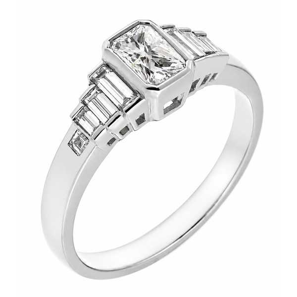 Art deco 1920's style rubover set radiant step cut baguette diamond designer engagement cluster ring platinum gold