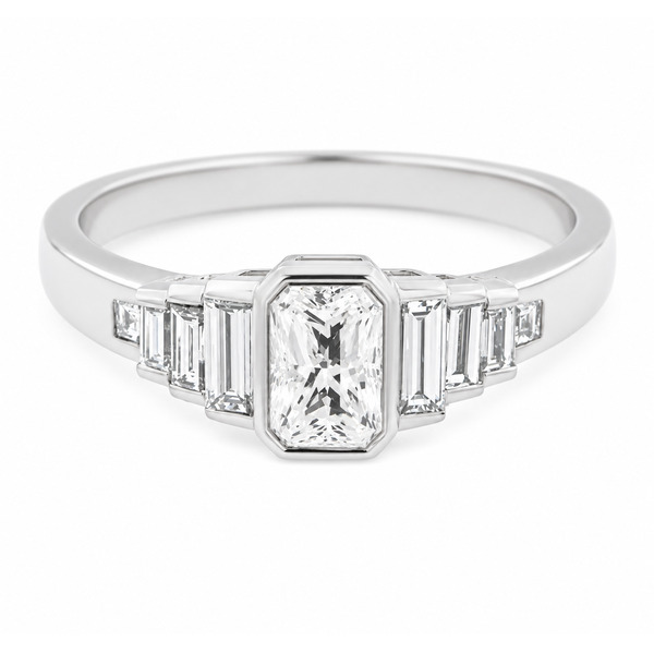 Art deco 1920's style rubover set radiant step cut baguette diamond designer engagement cluster ring platinum gold