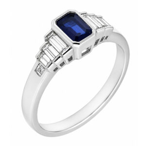 Art deco style rubover set emerald octagon step cut blue sapphire baguette diamond designer engagement cluster ring platinum gold