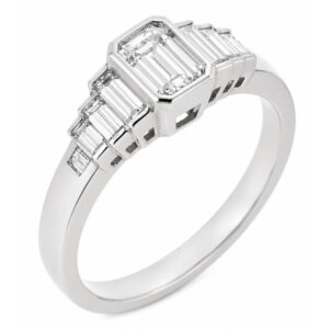 1920's Art deco style rubover set emerald step cut baguette diamond designer engagement ring platinum gold