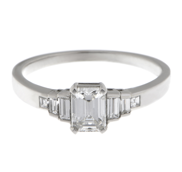Classic art deco style modern ring Emerald cut diamond stone step graduated baguette cut diamonds engagement 1920's platinum gold
